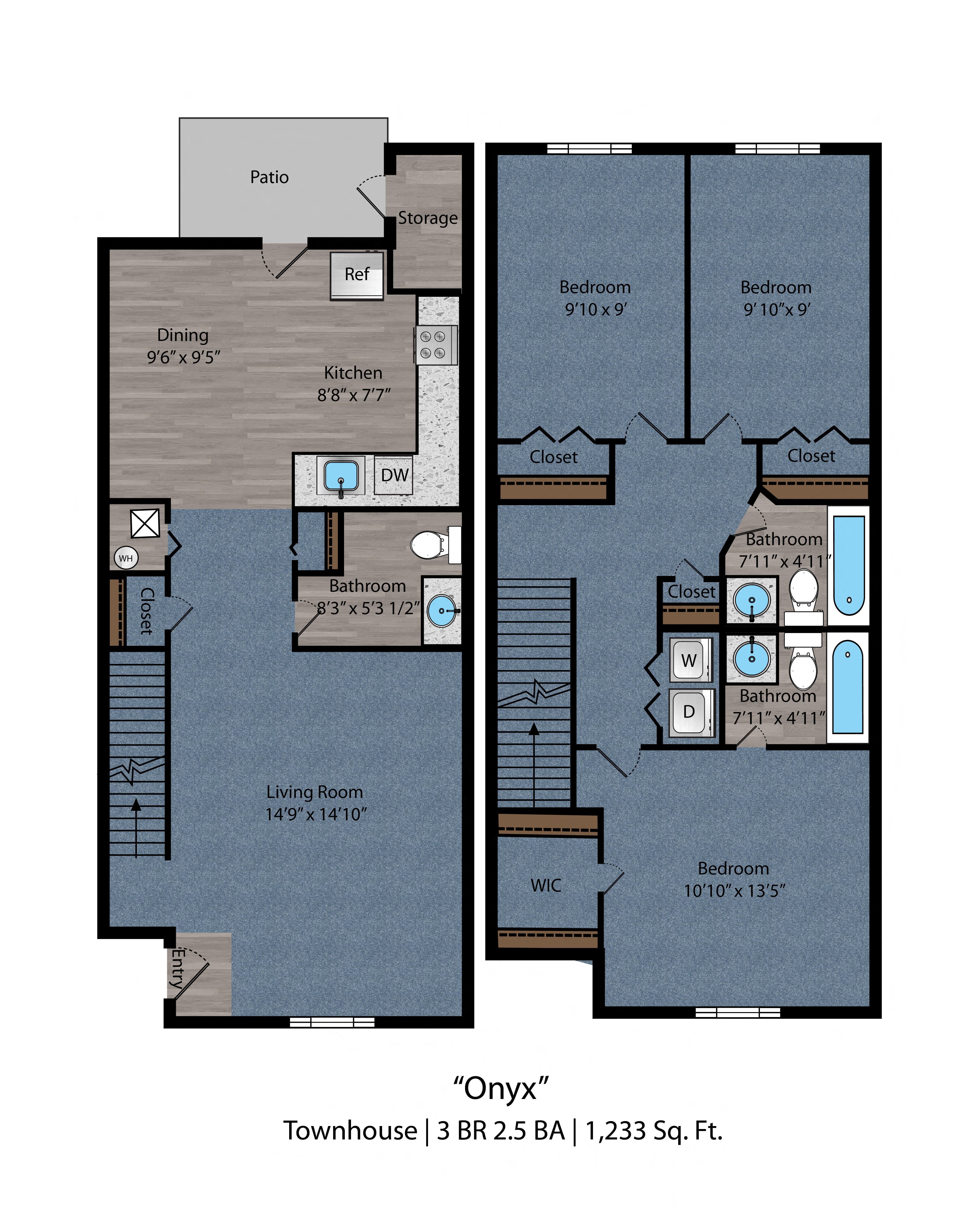 Floor plan for 3 beds, 2.5 baths, 1235 sqft